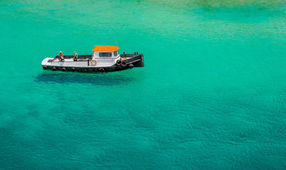 Floating Boat, capture from Ship at the Capital of Bonaire, Kralendijk in this beautiful island of the Caribbean Netherlands, with its paradisiac beaches and water.