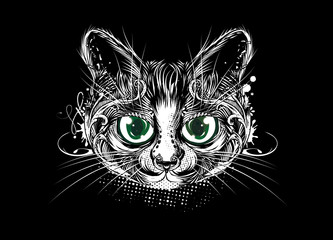 wunderschön verzierter Katzenkopf mit grünen Katzenaugen