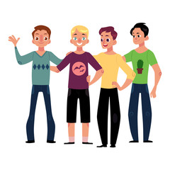 Male friendship concept of boys, men, best friends hugging each other, cartoon vector illustration isolated on white background. Boys, men, friends standing and hugging each other