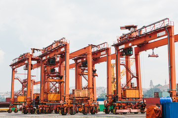 Fototapeta na wymiar Industrial dock with loading and unloading of sea transport on the Bosporus in Istanbul, Turkey. Transportation, storage, business.