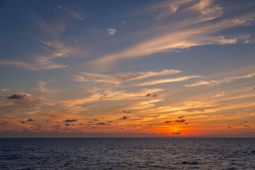 Sunrise over the Caribbean sea. Colorful dramatic sky with morning sunshine.  Nature background.