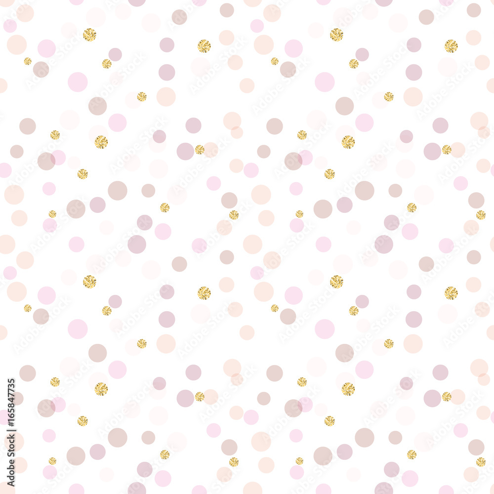 Poster Modern Abstract Vector  Confetti Background. Seamless pattern in soft pastel colors and golden glitters. Festive party repeat.