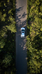awesome top view modern car mooving on road between trees