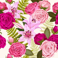 Seamless pattern with lilies and roses