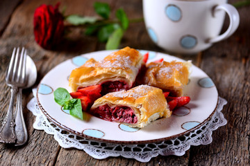 Puff pastry pie with strawberries, nuts and powdered sugar.