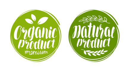 Organic, natural product logo or label. Element for design menu restaurant or cafe. Handwritten lettering, calligraphy vector illustration