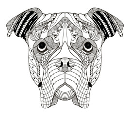 Boxer dog head zentangle stylized, vector, illustration, freehand pencil, hand drawn, pattern. Zen art. Ornate vector. Lace.