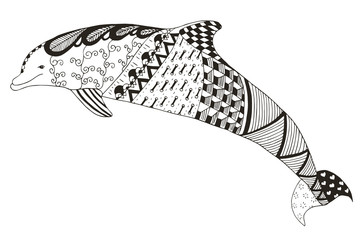 Dolphin zentangle stylized, vector, illustration, pattern, freehand pencil, hand drawn. Anti stress coloring book for adults and kids.