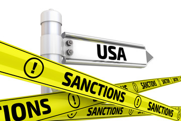 Sanctions against USA. Street sign with the word "USA" and yellow warning tapes with the word "SANCTIONS". Isolated