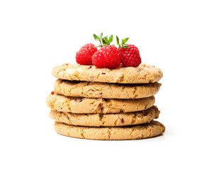 stack  of oat cookies with raspberries isolated on white background