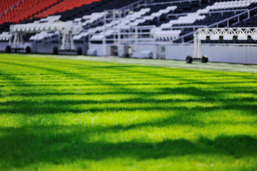 Fresh young green grass or lawn on the football stadium before the start of the match.