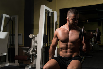 Obraz na płótnie Canvas Man With Dumbbells Exercising Biceps