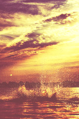 Fototapeta premium Glückliche junge Menschen laufen und springen am See beim Sonnenuntergang