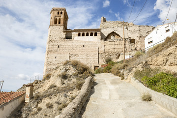 Fototapeta na wymiar ruins of the San Miguel church and the castle in Maluenda town, province of Zaragoza, Aragon, Spain