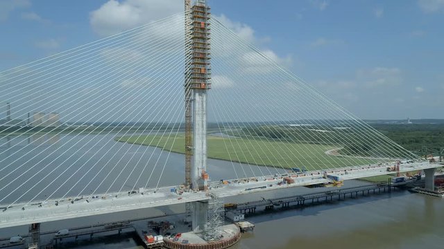 Aerial View of a Cable Stayed Bridge in the Late Construction Phase