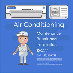 A vector flat picture specialists work with equipment. Installation or repair of air conditioner. Blue, beige and white colors