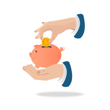 Piggy bank pig vector illustration. A hand holds a pig a piggy bank of euros gets into a pig piggy bank. The concept of banking or business services. Vector image