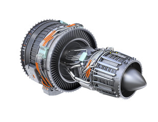 Rear view of turbofan jet engine isolated on white background. 3D rendering image. © chesky