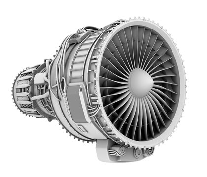 3D clay render of turbofan jet engine isolated on white background. 3D rendering image.