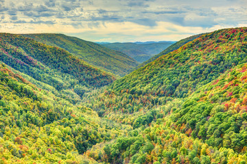 Colorful Allegheny mountains in autumn with foliage at Lindy Point overlook in West Virginia, USA