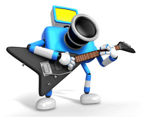 To the Right toward the Blue Camera Character playing the guitar. Create 3D Camera Robot Series.