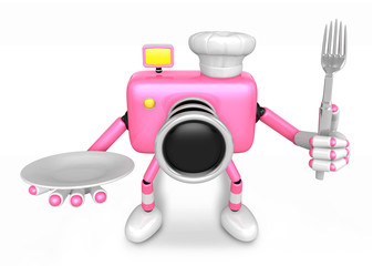 Chef Pink Camera Character right hand, Plate in the left hand holding a fork. Create 3D Camera Robot Serie.