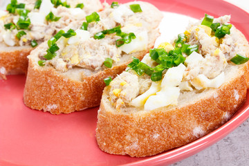 Slice of baguette with fish paste on glass plate