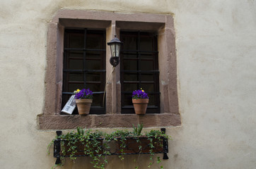 Window with flowers and an old torch