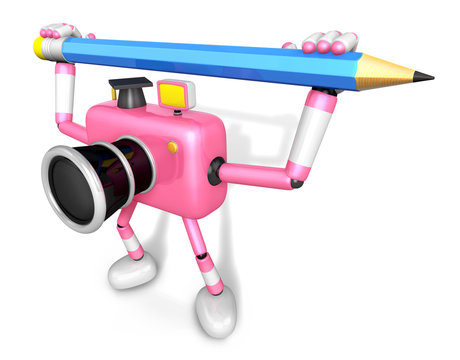 Pink camera with both hands holding a large pencil. Create 3D Camera Robot Series.