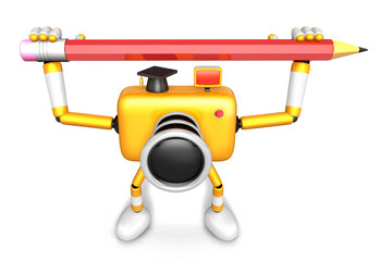 Yellow camera character with both hands holding a large pencil. Create 3D Camera Robot Series.