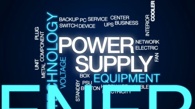 Power supply animated word cloud, text design animation.