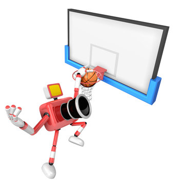 3D Red camera basketball player Vigorously jumping. Create 3D Camera Robot Series.