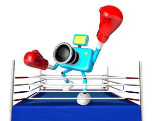 A big punch in the ring blowing 3d cyan camera Character. Create 3D Camera Robot Series.