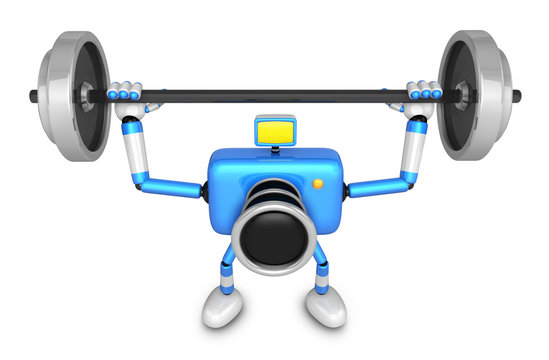 3D Blue Camera character is doing powerful Weightlifting Exercises. Create 3D Camera Robot Series.