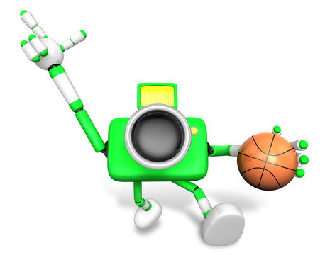 3D green camera character holding a basketball running. Create 3D Camera Robot Series