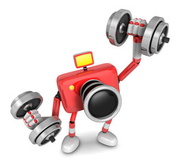 Fototapeta na wymiar 3D red Camera character a one Dumbbell curl Exercise. Create 3D Camera Robot Series.
