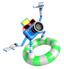3d Blue Camera character surfing on lifebuoy. Create 3D Camera Robot Series.