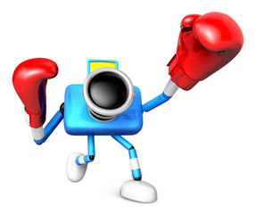 3D Blue Camera character is doing a vigorously boxer Exercise. Create 3D Camera Robot Series.