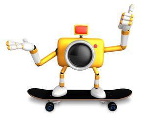 3D Yellow Camera Character skateboarding riding . Create 3D Camera Robot Series.