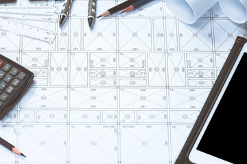 Abstract engineering drawings background with blank for your word. Construction plan tools with...