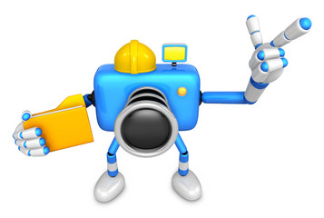 Engineer Blue Camera Character on the left hand Holding in folder. The right hand point the finger. Create 3D Camera Robot Series.