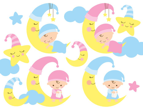 Baby on the moon vector illustration. Cute baby boy and girl sleeping and sitting on the moon.