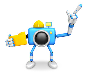 Engineer Blue Camera Character on the left hand Holding in folder. The right hand point the finger. Create 3D Camera Robot Series.
