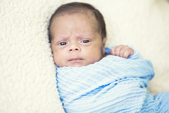 Portrait of a Cute multi-racial Newborn baby boy in a blanket 