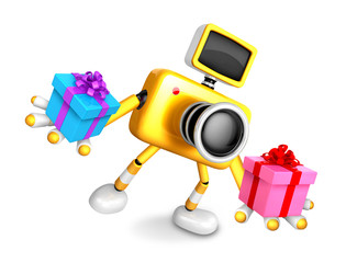 3D Yellow Camera character holding a gift. Create 3D Camera Robot Series.