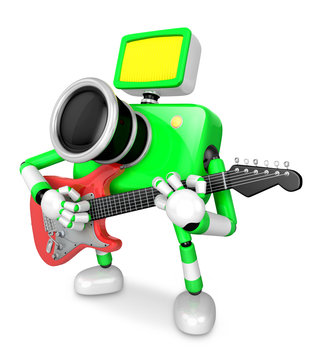 To the Right toward the Green Camera Character playing the guitar. Create 3D Camera Robot Series.
