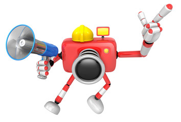 The left hand point the finger Engineer Red Camera Character. The right hand is holding a Loudspeaker. Create 3D Camera Robot Series.