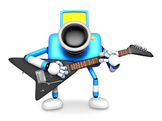 To the front toward the blue Camera Character playing the guitar. Create 3D Camera Robot Series.