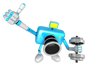 3D cyan Camera character a one Dumbbell curl Exercise. Create 3D Camera Robot Series.