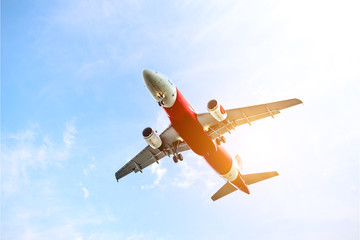 Place flying in sunset sky